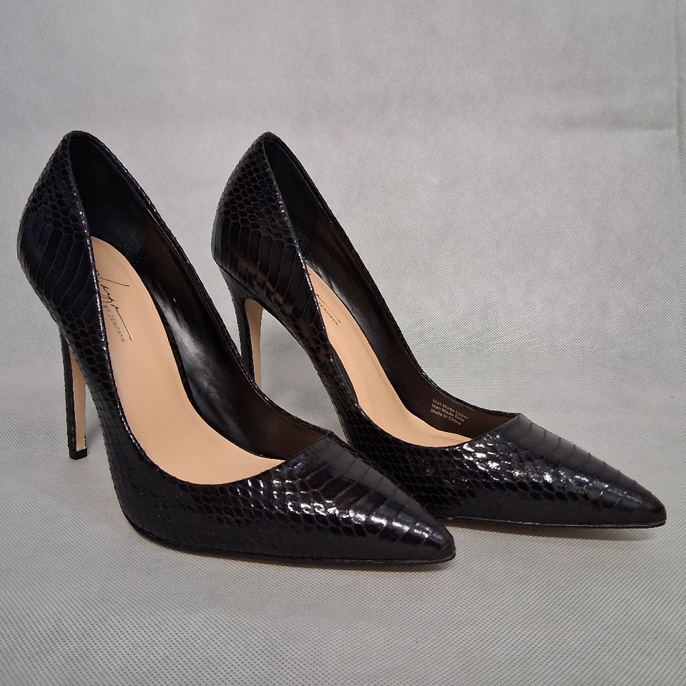 Daya by Zendaya Kyle Black Snakeskin Stiletto Heels 10 Pointed Toe 4.5" Heel